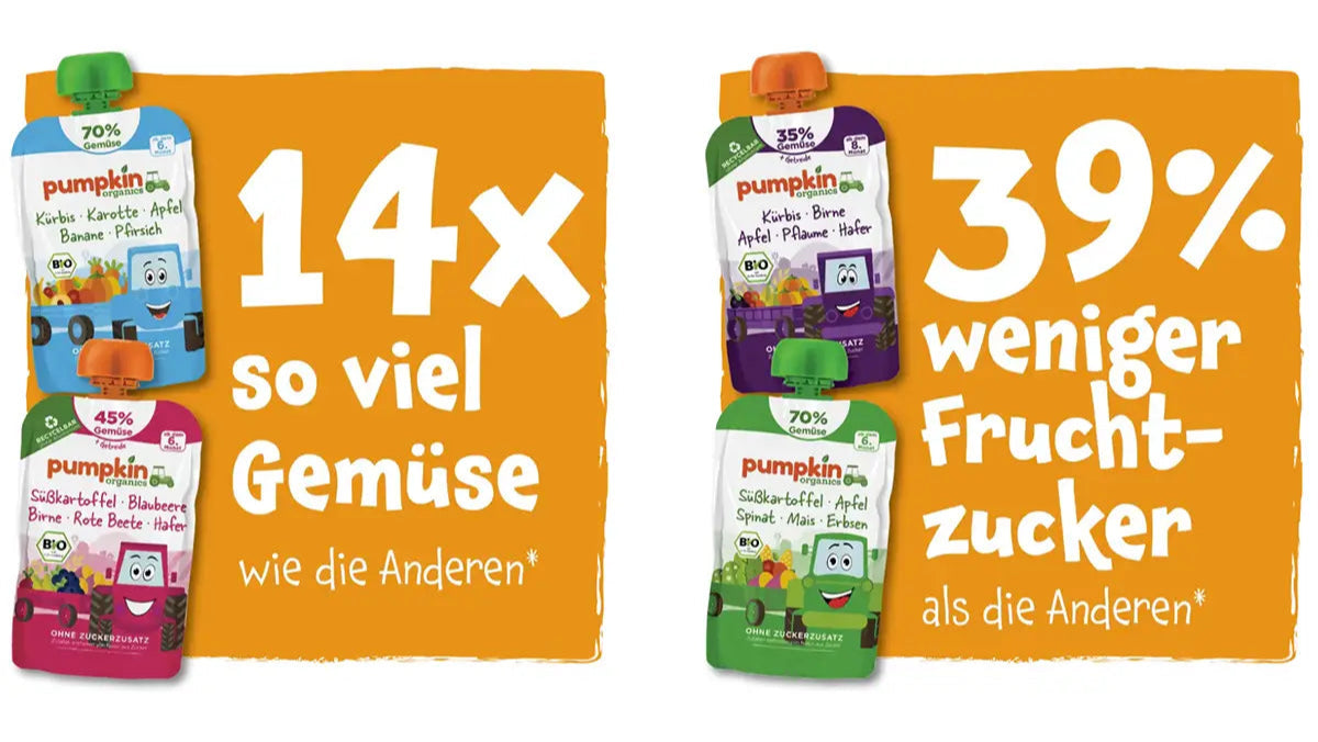 Bio Gemüse Quetschies haben 14x so viel Gemüse wie die Anderen und 39% weniger Fruchtzucker als die Anderen