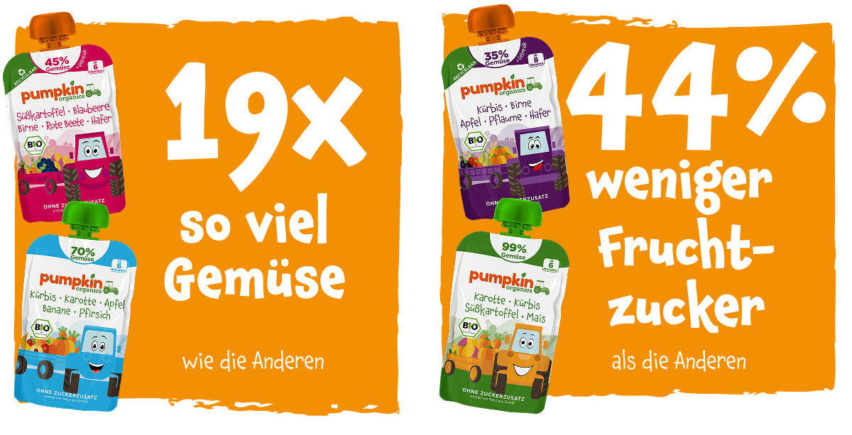 Bio Gemüse Quetschies haben 14x so viel Gemüse wie die Anderen und 39% weniger Fruchtzucker als die Anderen