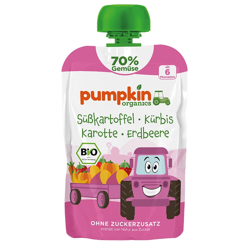 Pumpkin Organics Bio Gemüse Quetschie Süßkartoffel, Kürbis, Karotte und Erdbeere