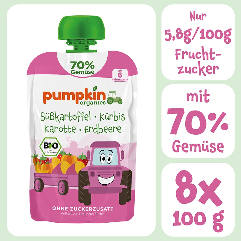 Pumpkin Organics Bio Gemüse Quetschie mit 70% Gemüse im 8er Pack hat nur 5,8g/100g Fruchtzucker