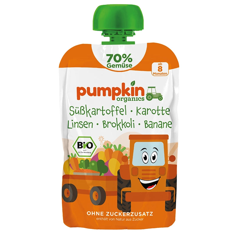 Pumpkin Organics Bio Gemüse-Quetschie Süßkartoffel, Karotte, Linsen, Brokkoli, Banane