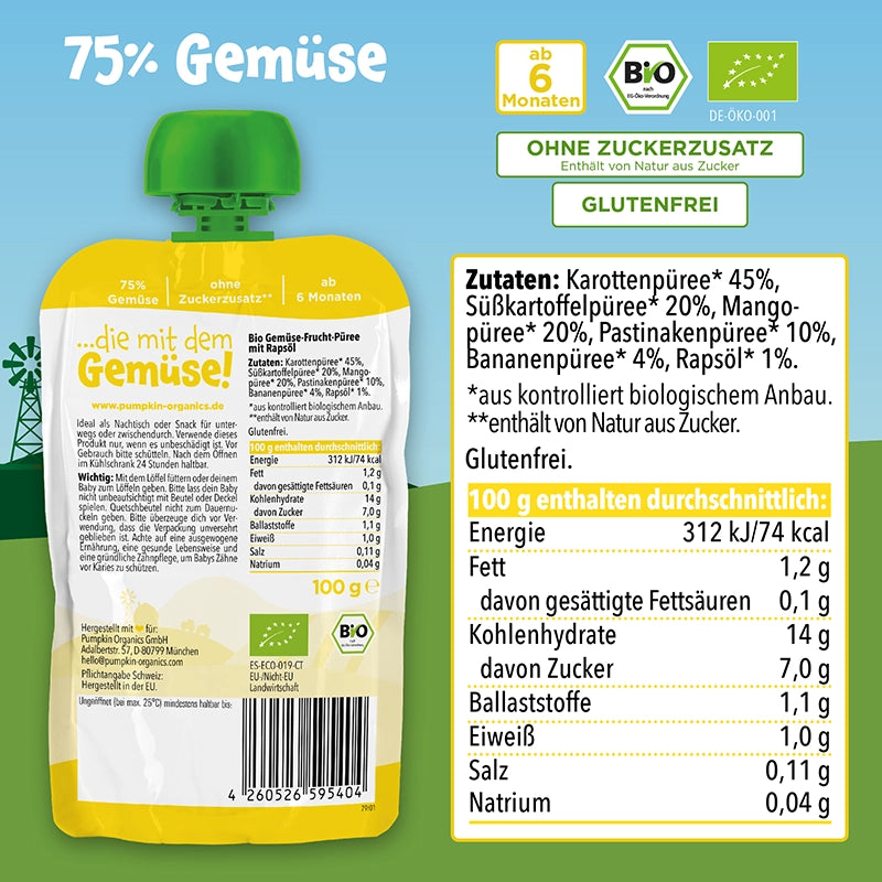 Zutaten und Nährwertangaben von Bio Quetschie mit Süßkartoffel, Karotte, Linsen, Brokkoli, Banane