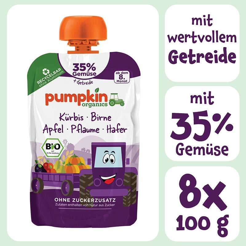 Bio Gemüse Quetschie mit wertvollem Getreide und 35% Gemüse im 8er Pack