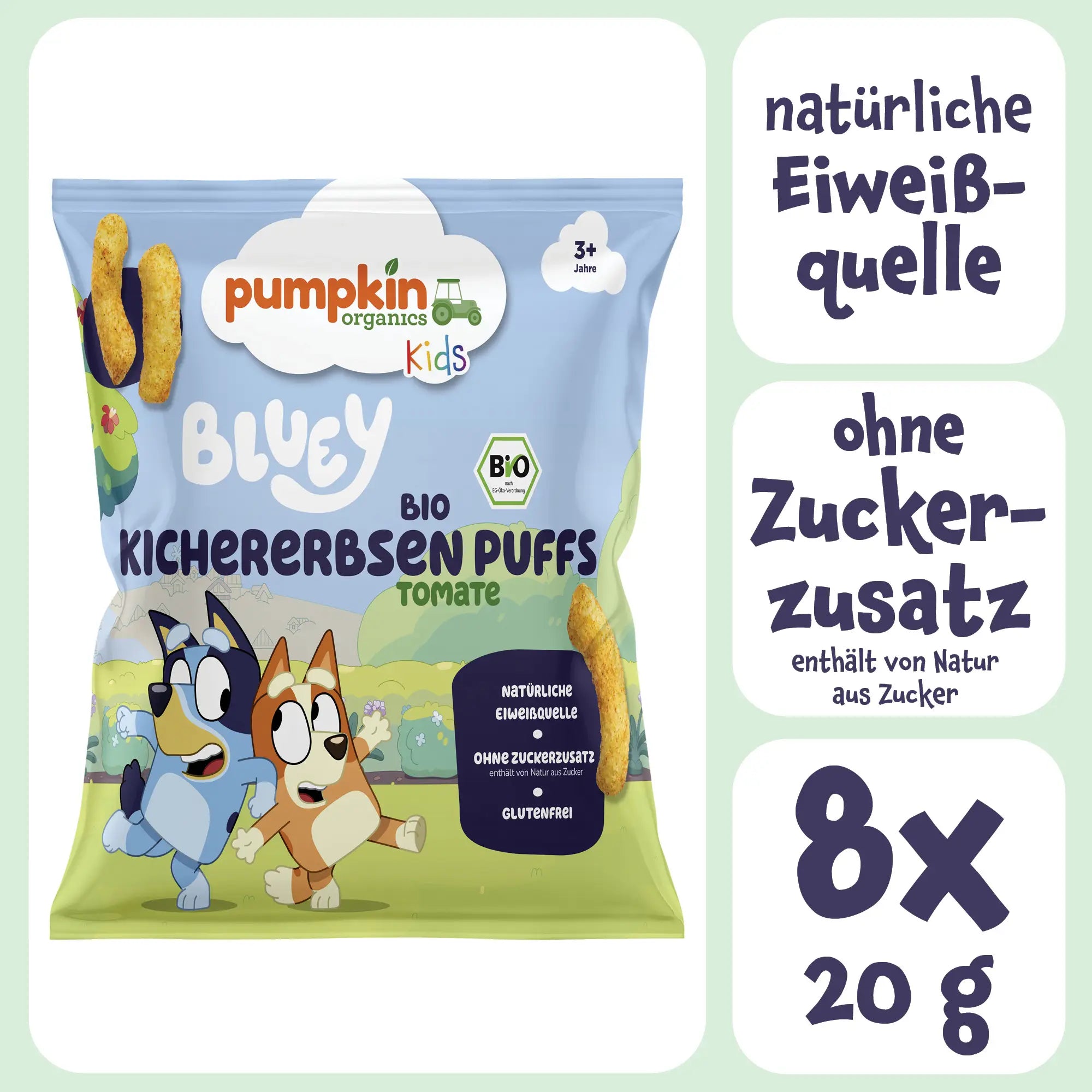 Bluey Bio Kichererbsen Puffs Tomate als natürliche Eiweißquelle ohne Zucker