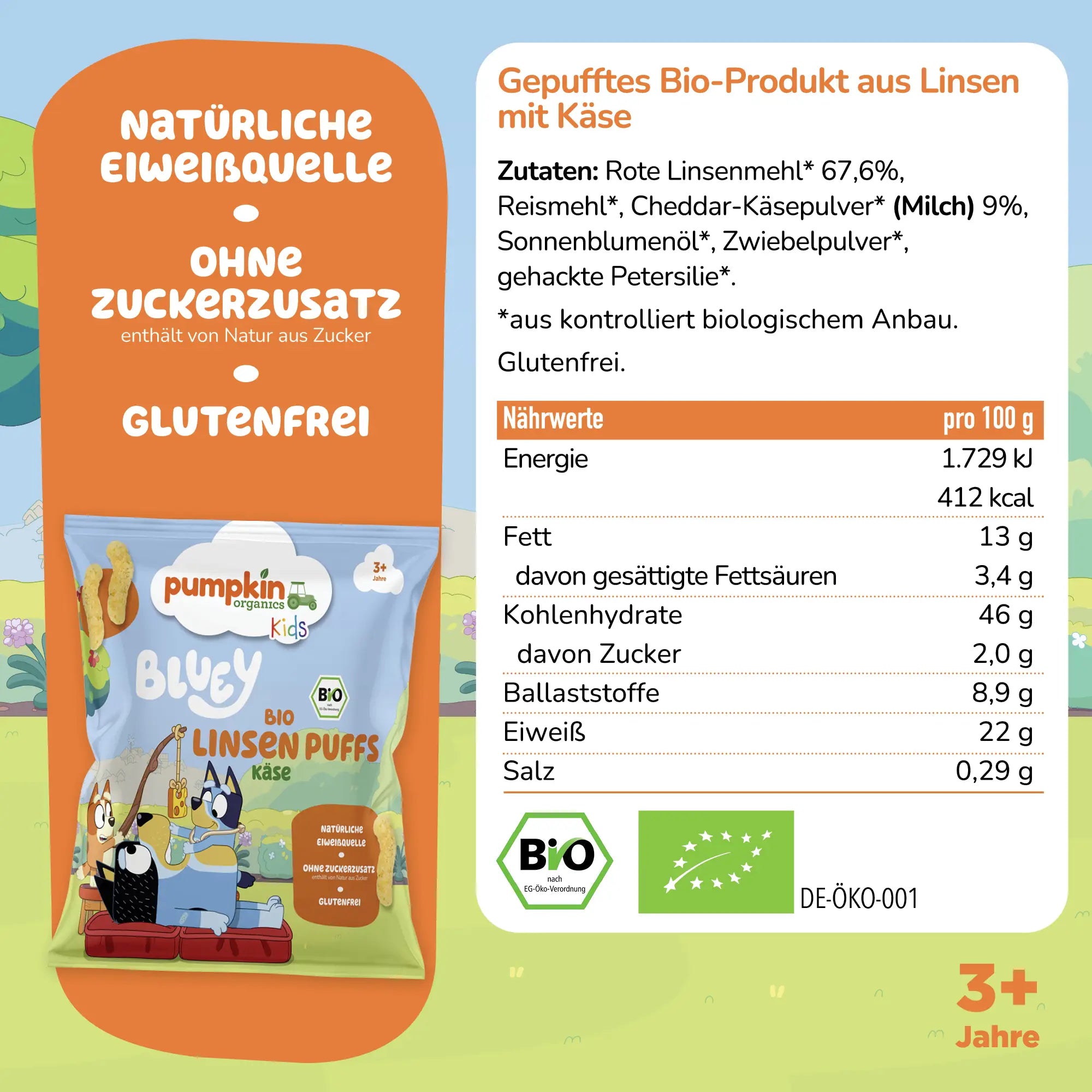 Bluey Bio Linsen Puffs Käse Zutaten und Nährwerttabelle