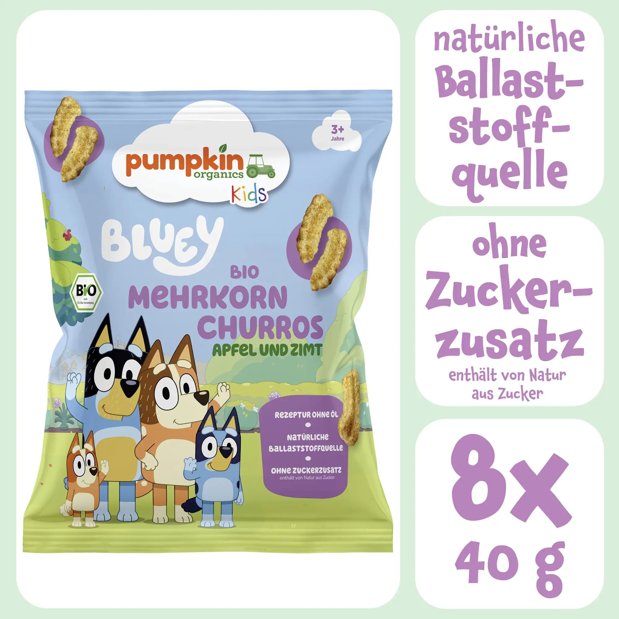 Bluey Bio Mehrkorn Churros Apfel und Zimt als natürliche Ballaststoffquelle ohne Zuckerzusatz, im 8er Pack