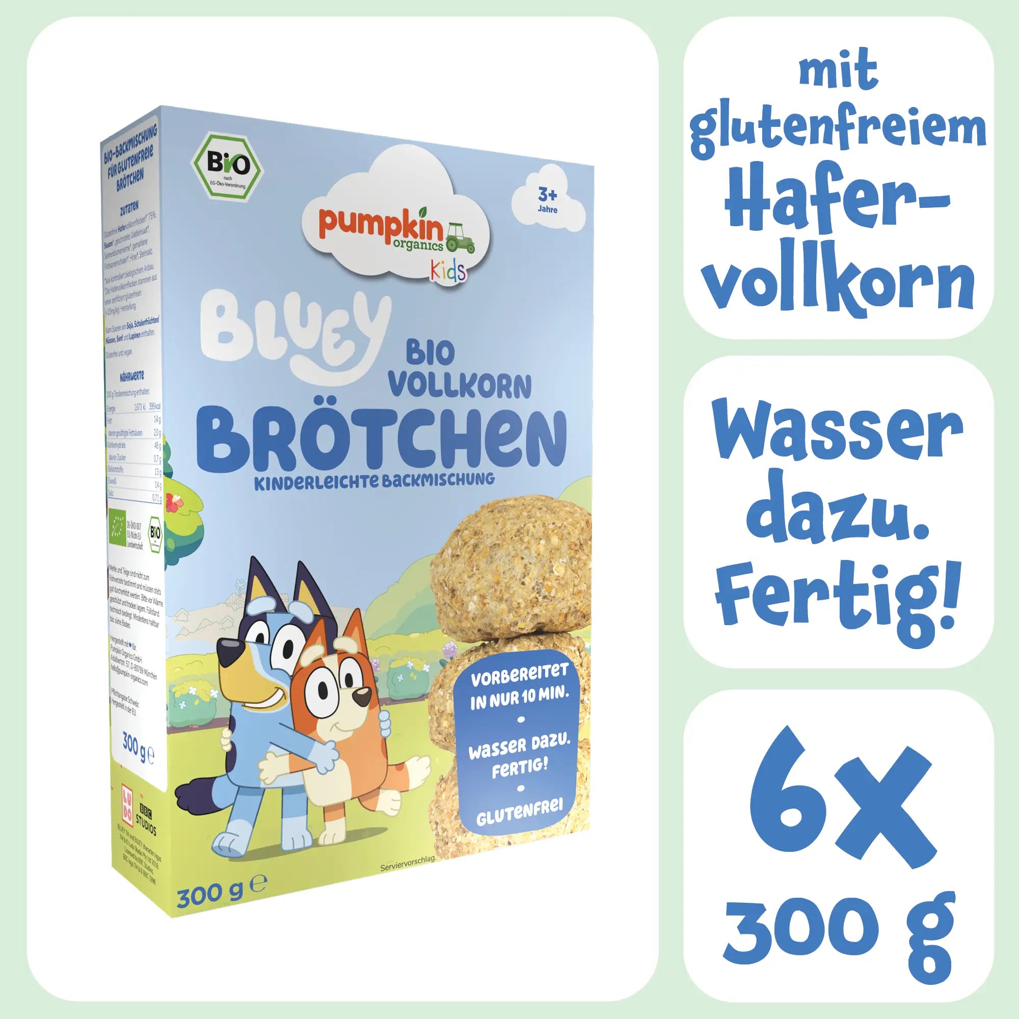 Bluey Bio Vollkorn Brötchen Backmischung für Kinder: vorbereitet in nur 10 Min. Glutenfrei 6x300g