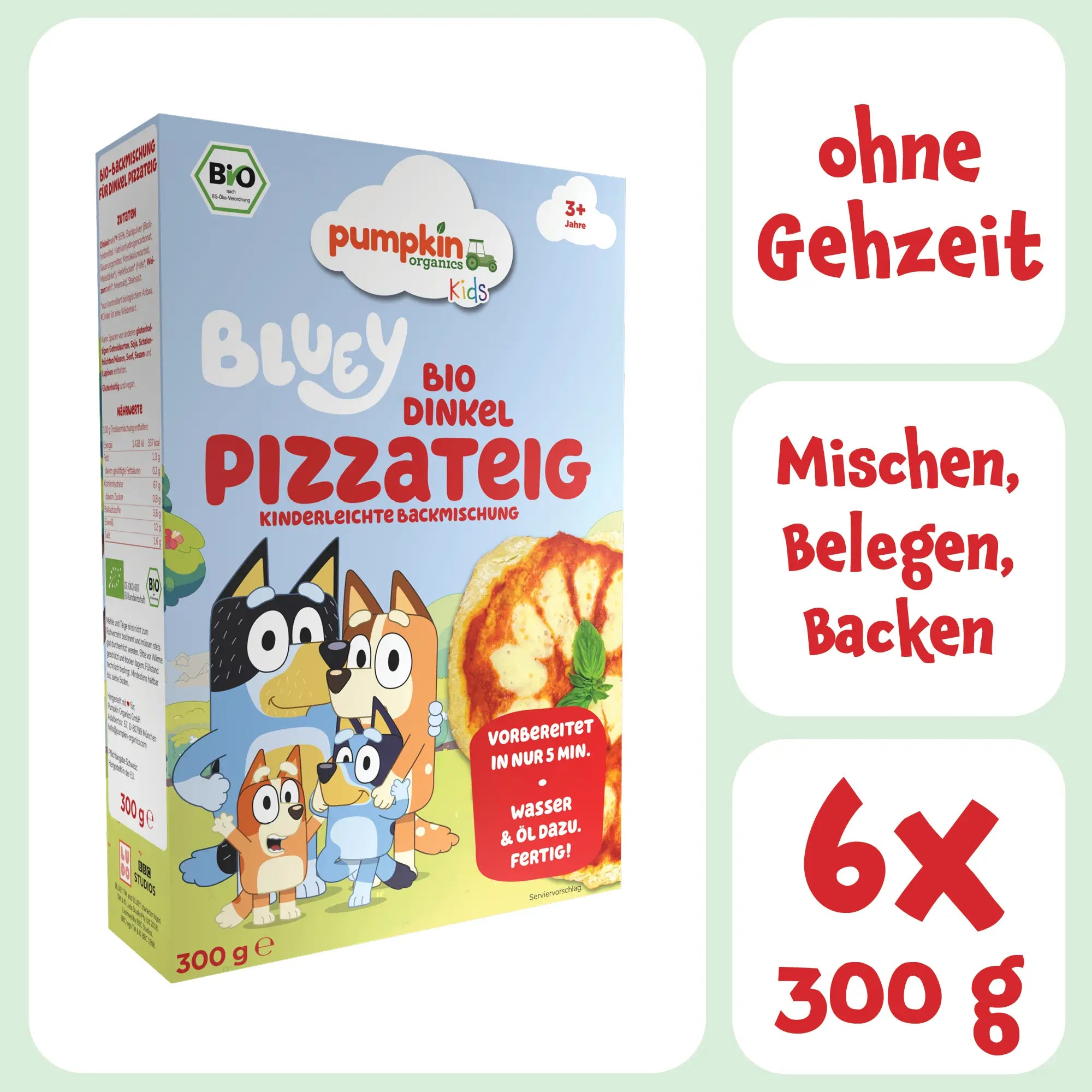 Bluey Bio Dinkel Pizzateig Backmischung für Kinder: vorbereitet in nur 5 Min., Wasser & Öl dazu, 6x300g