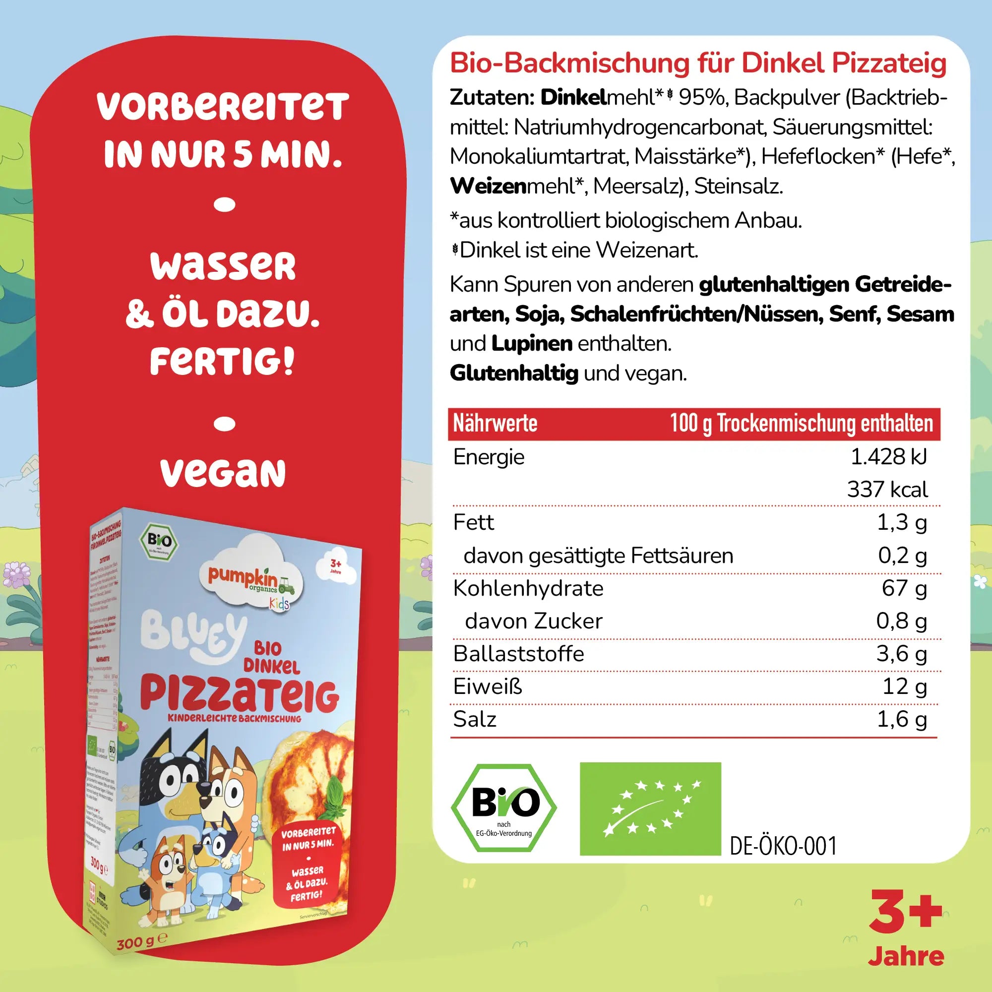 Bluey Bio Dinkel Pizzateig Backmischung für Kinder Zutaten und Nährwertangaben