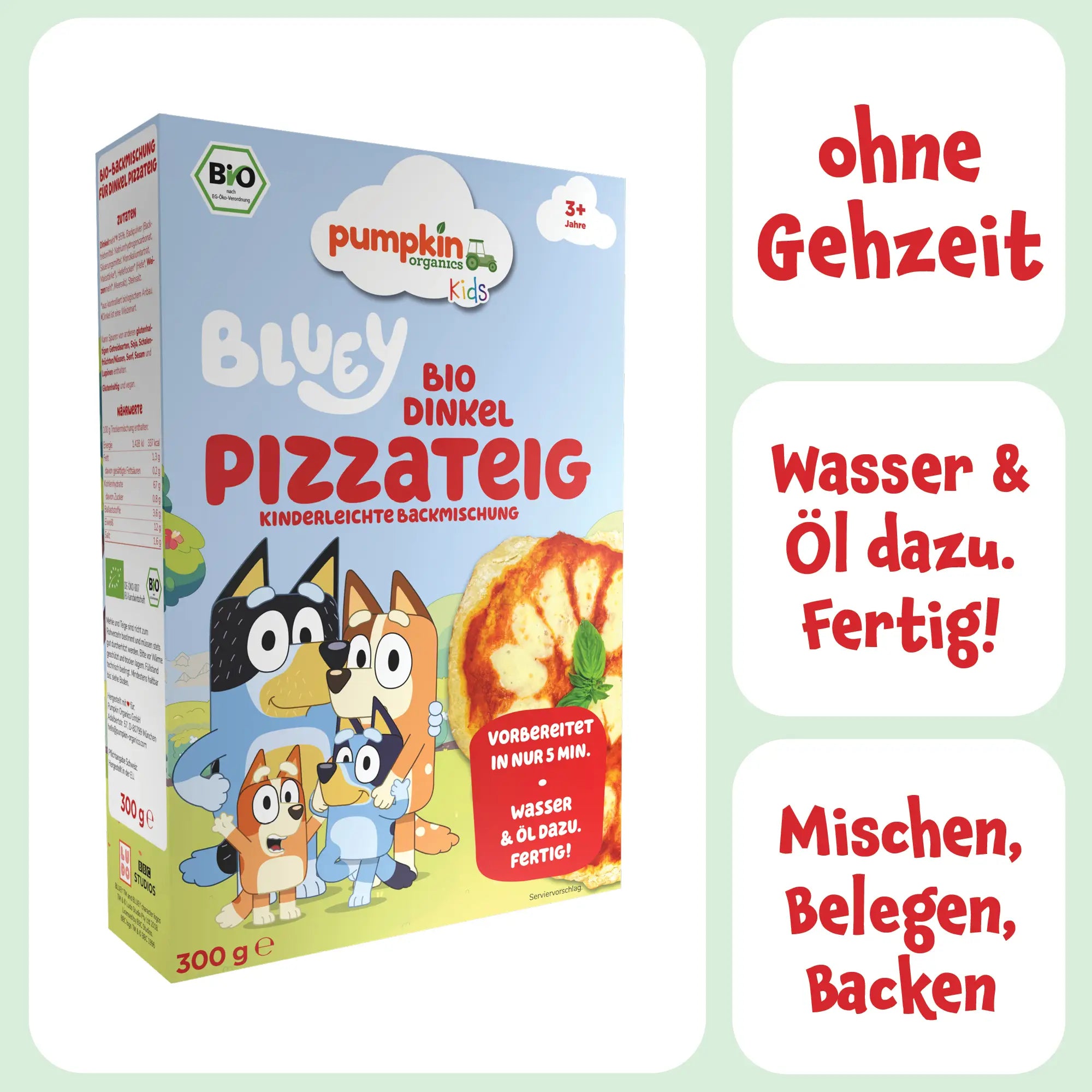 Bluey Bio Dinkel Pizzateig Backmischung, vorbereitet in nur 5 Min., Wasser & Öl dazu. Fertig! 1x300g