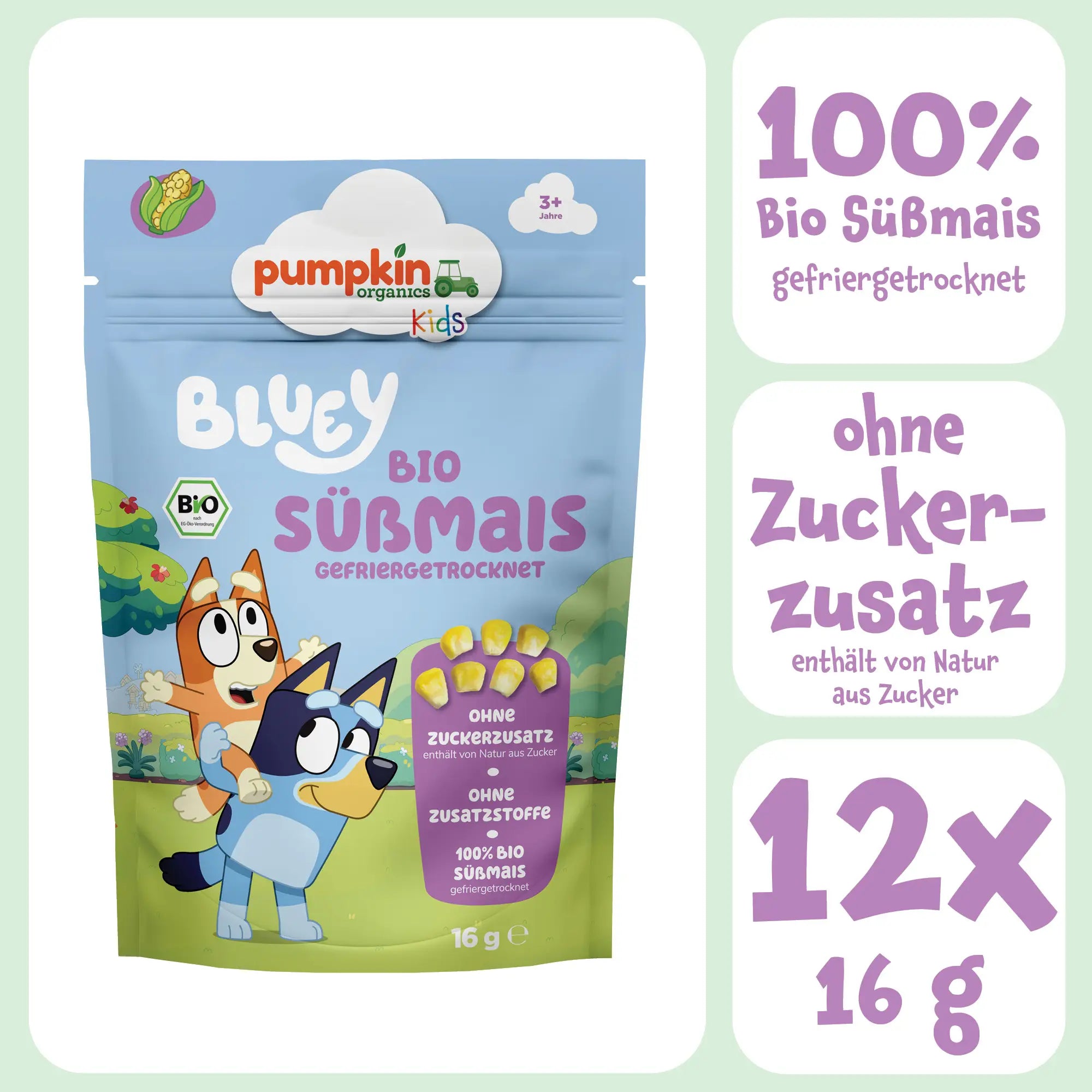 Bluey Bio Süßmais gefriergetrocknet ohne Zuckerzusatz, 12x16g