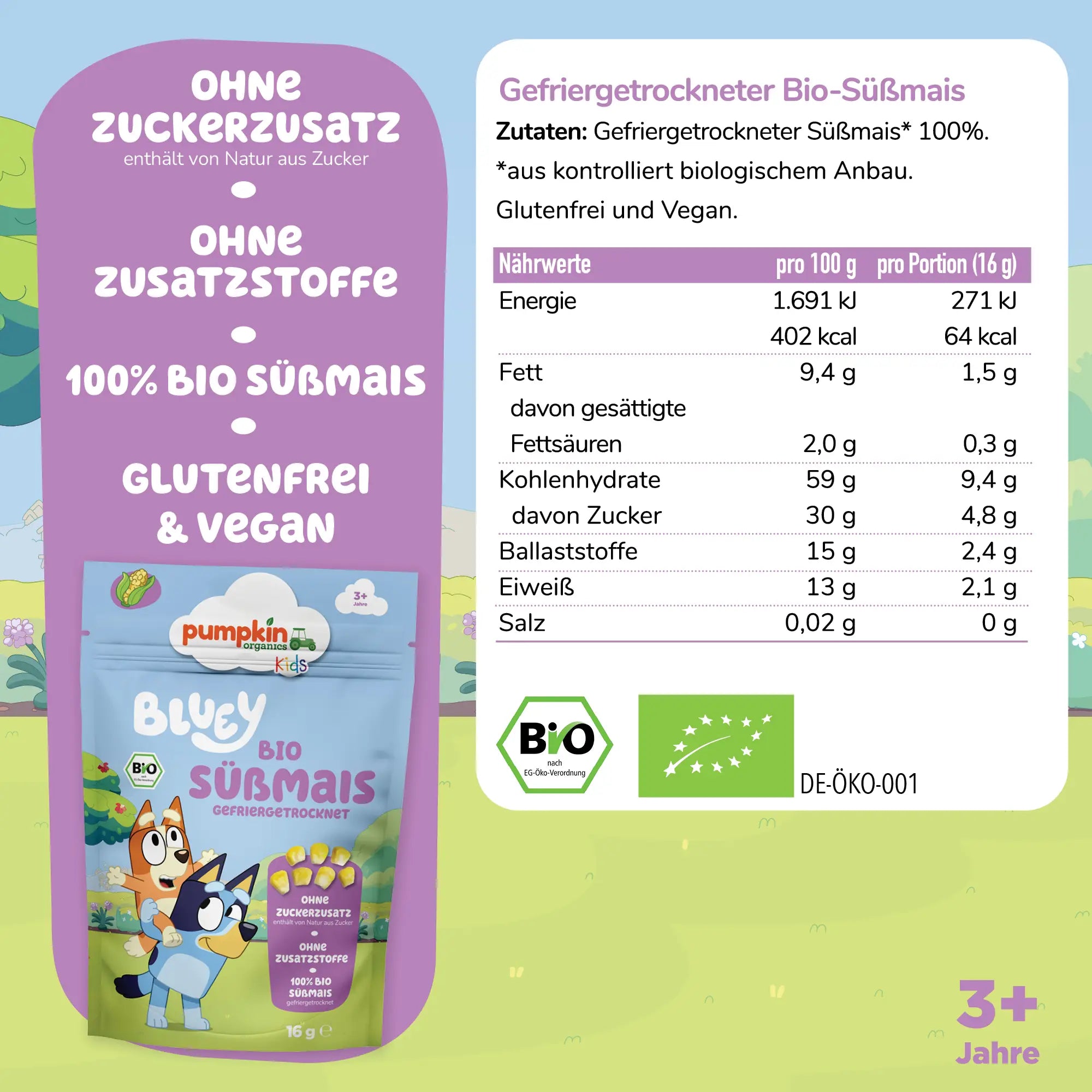 Bluey Bio gefriergetrockneter Süßmais Zutaten und Nährwerttabelle