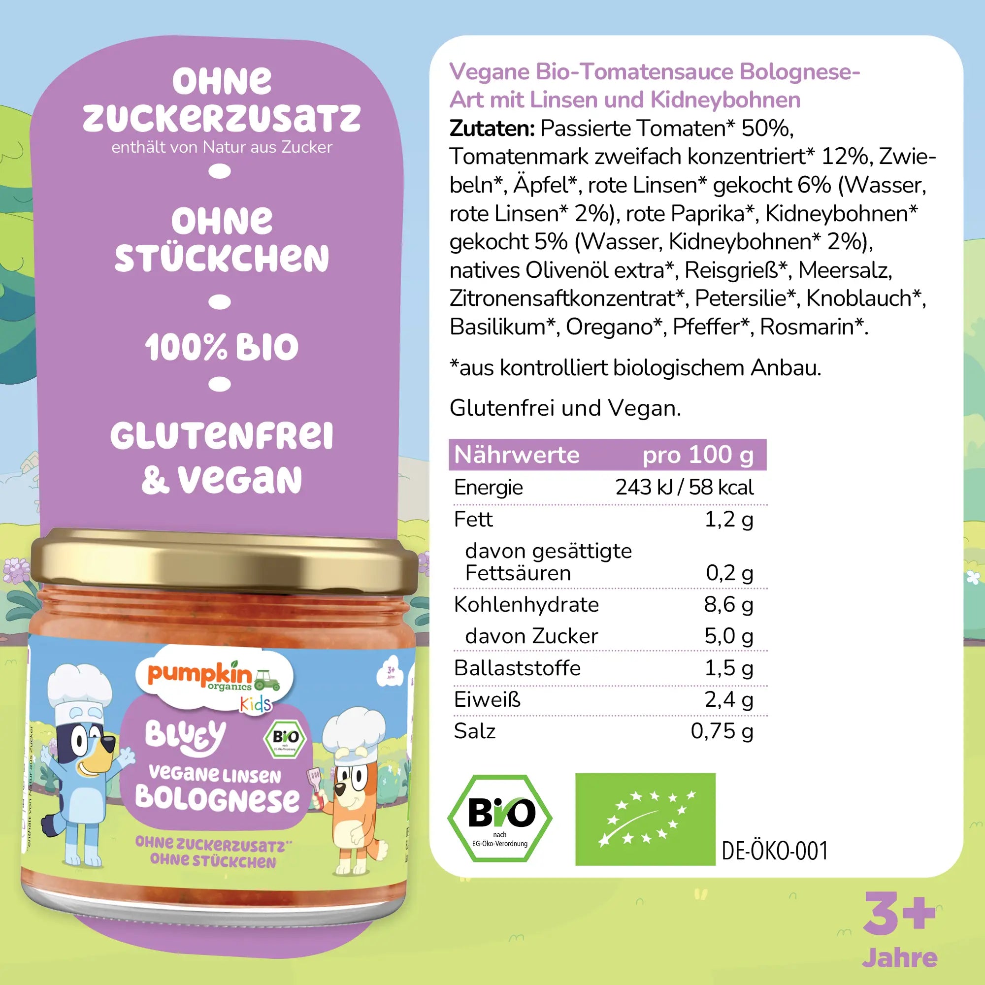 Bluey Bio Linsen Bolognese Zutaten und Nährwertangaben