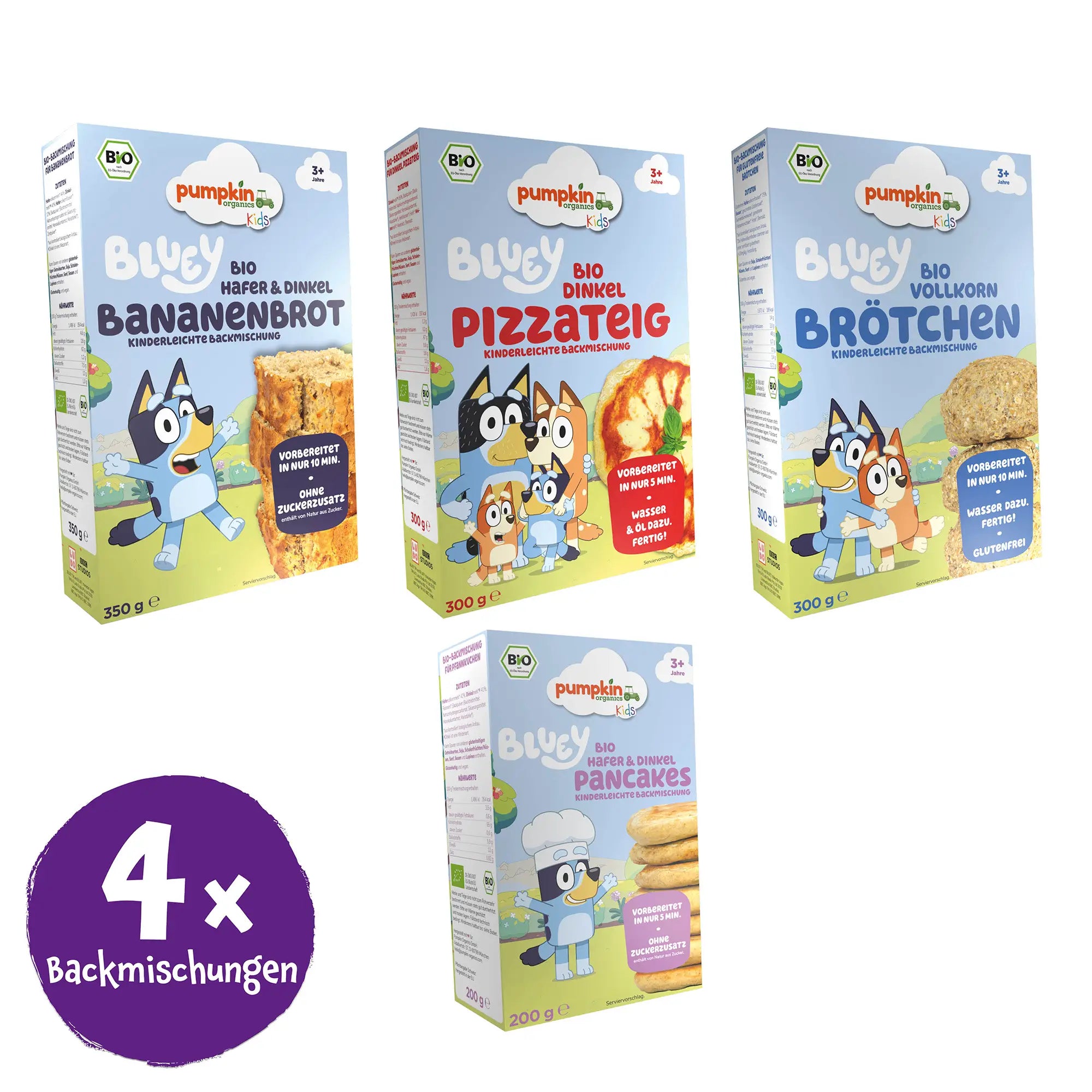 Bio Hafer & Dinkel Bananenbrot, Bio Dinkel Pizzateig, Bio Vollkorn Brötchen, Bio Hafer & Dinkel Pancakes; 4x Backmischungen von Pumpkin Organics