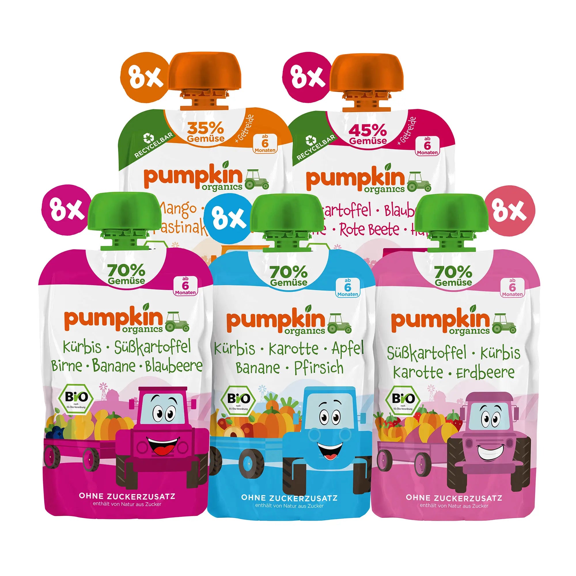 5 Bio-Gemüse Quetschies von Pumpkin Organics; jeweils 8x