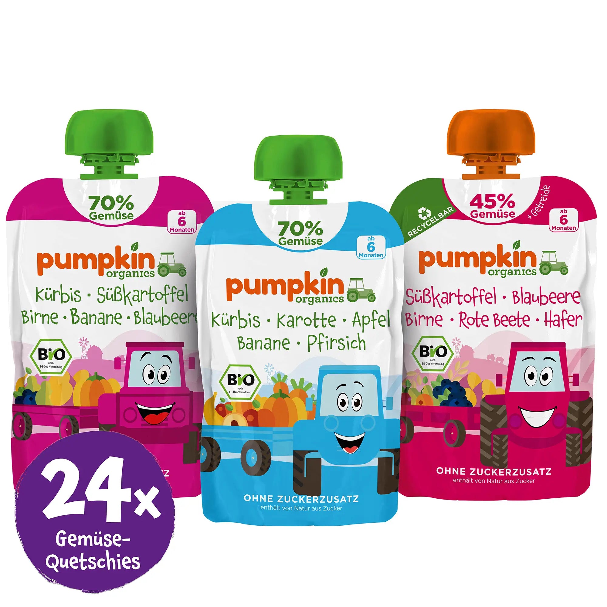 3 Pumpkin Organics Bio Gemüse-Quetschies; Sticker mit 24x Gemüse-Quetschies