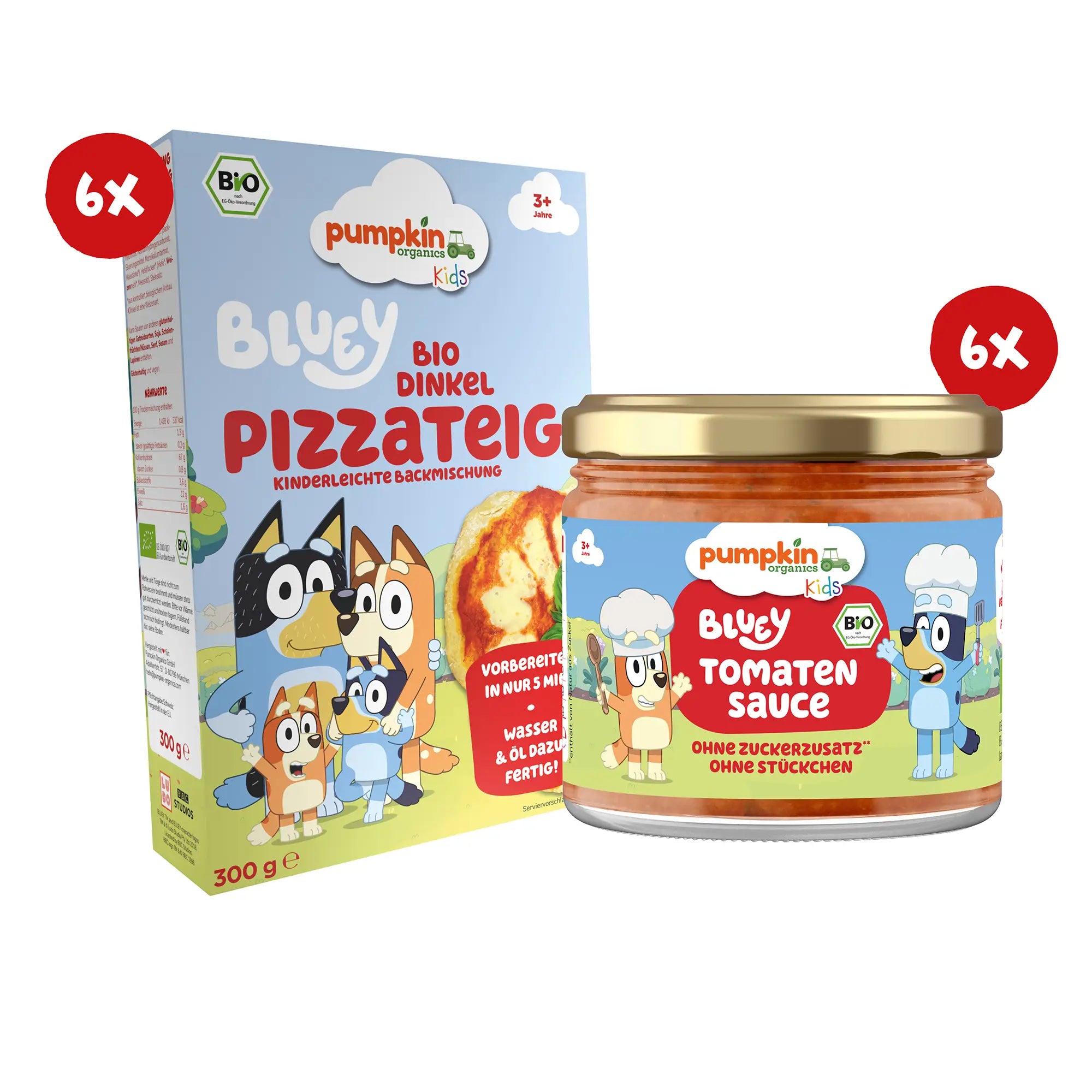 Bio Dinkel Pizzateig und Bio Tomatensauce im Bluey Style von Pumpkin Organcis; jeweils 6x