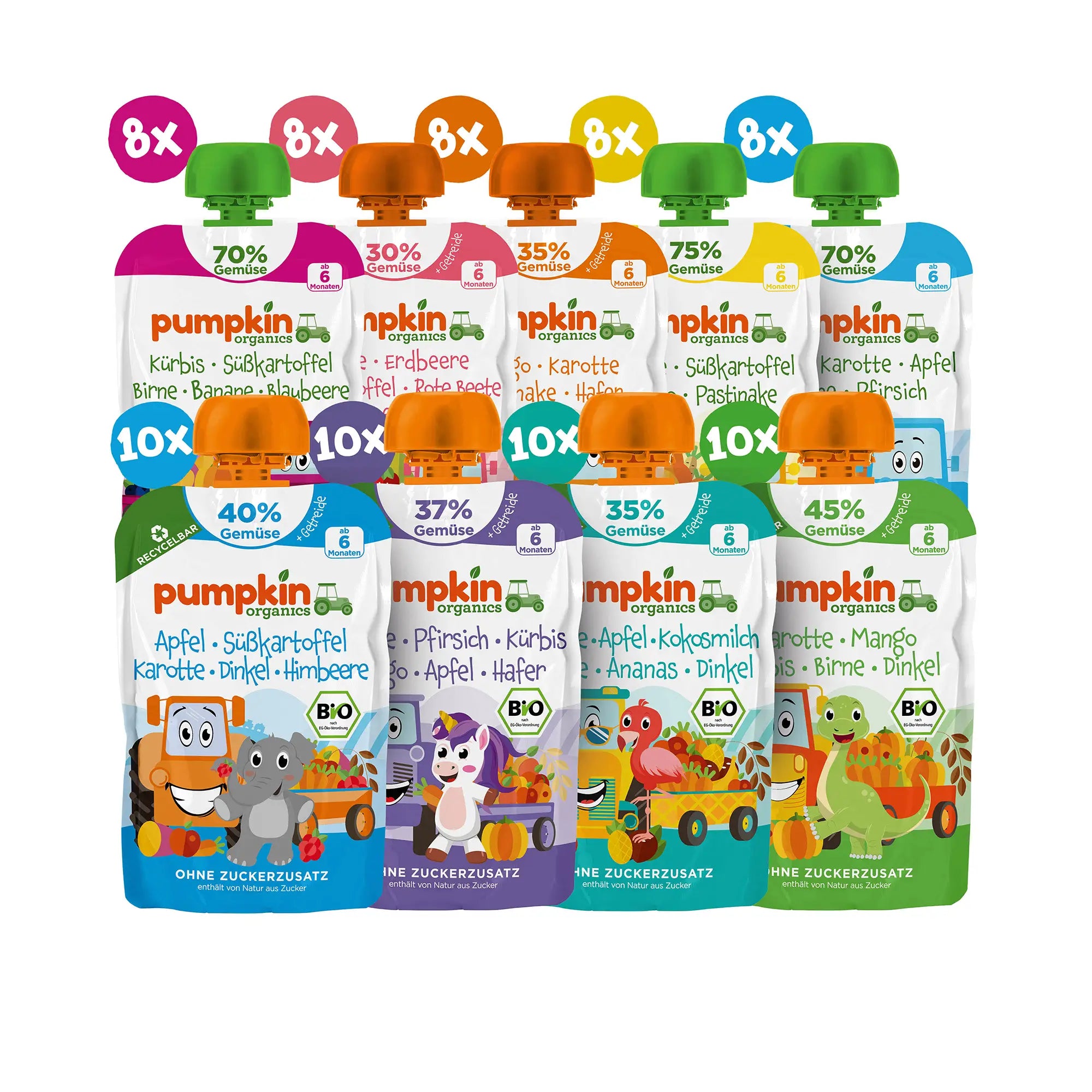 9 Bio Gemüse-Quetschies von Pumpkin Organics; jeweils 8x
