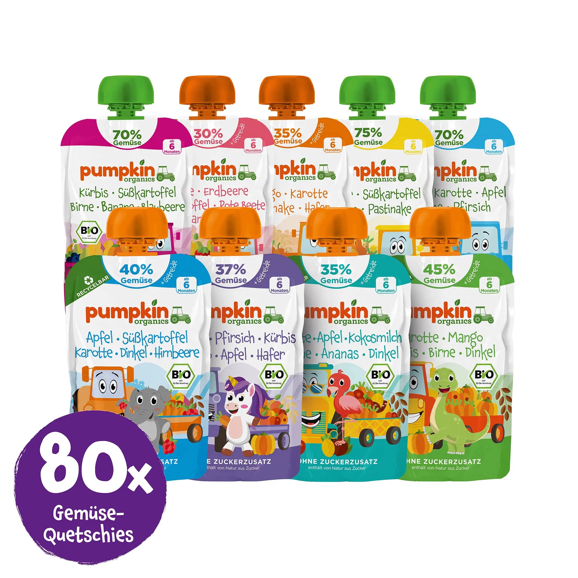 9 Bio Gemüse-Quetschies von Pumpkin Organics; Sticker 80x Gemüse-Quetschies