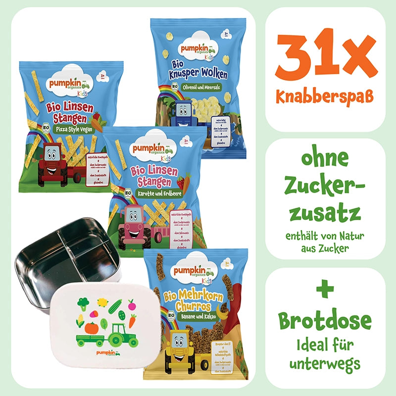 31 Bio Knabbersnacks ohne Zuckerzusatz mit Brotdose im Bunle