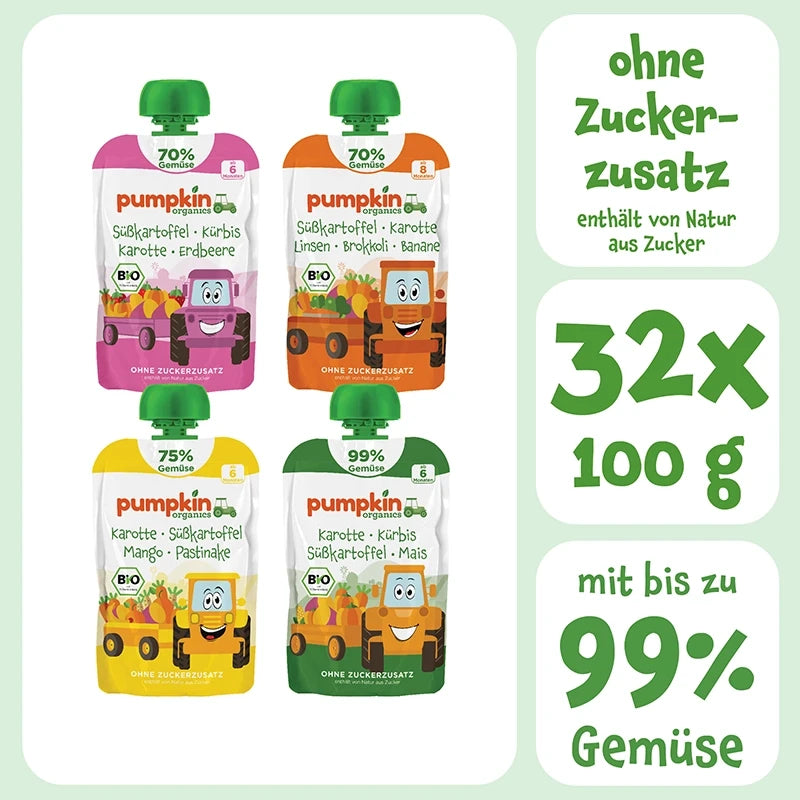 Bio Gemüse Quetschie Neuheiten ohne Zuckerzusatz, 32x100g, mit bis zu 99% Gemüse