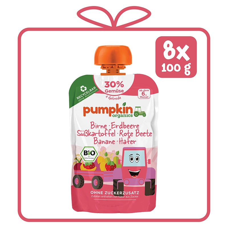 Pumpkin Organics Bio Gemüse-Getreide Quetschie mit Erdbeere 8x100g als Geschenk