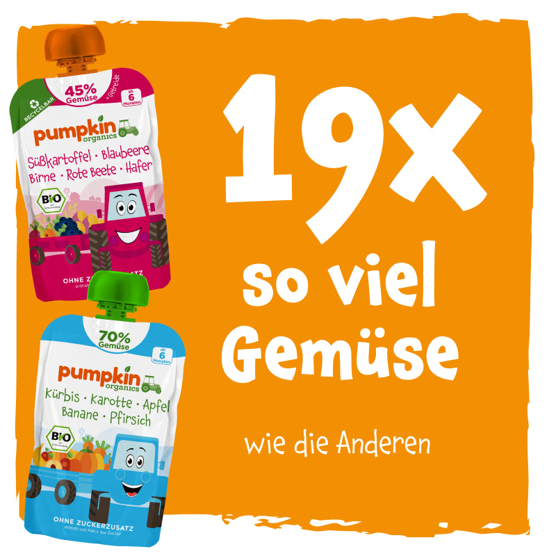 14x so viel Gemüse wie die Anderen; Abbildung von zwei Pumpkin Organics Quetschies
