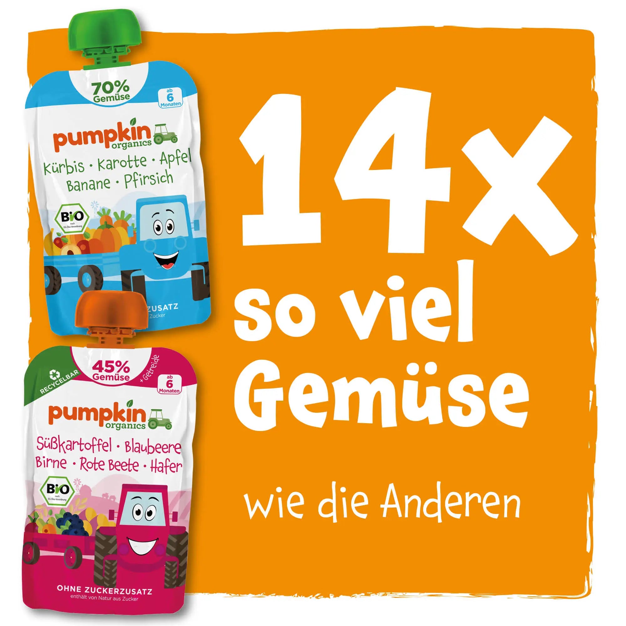 14x so viel Gemüse wie die Anderen; Abbildung von zwei Pumpkin Organics Quetschies