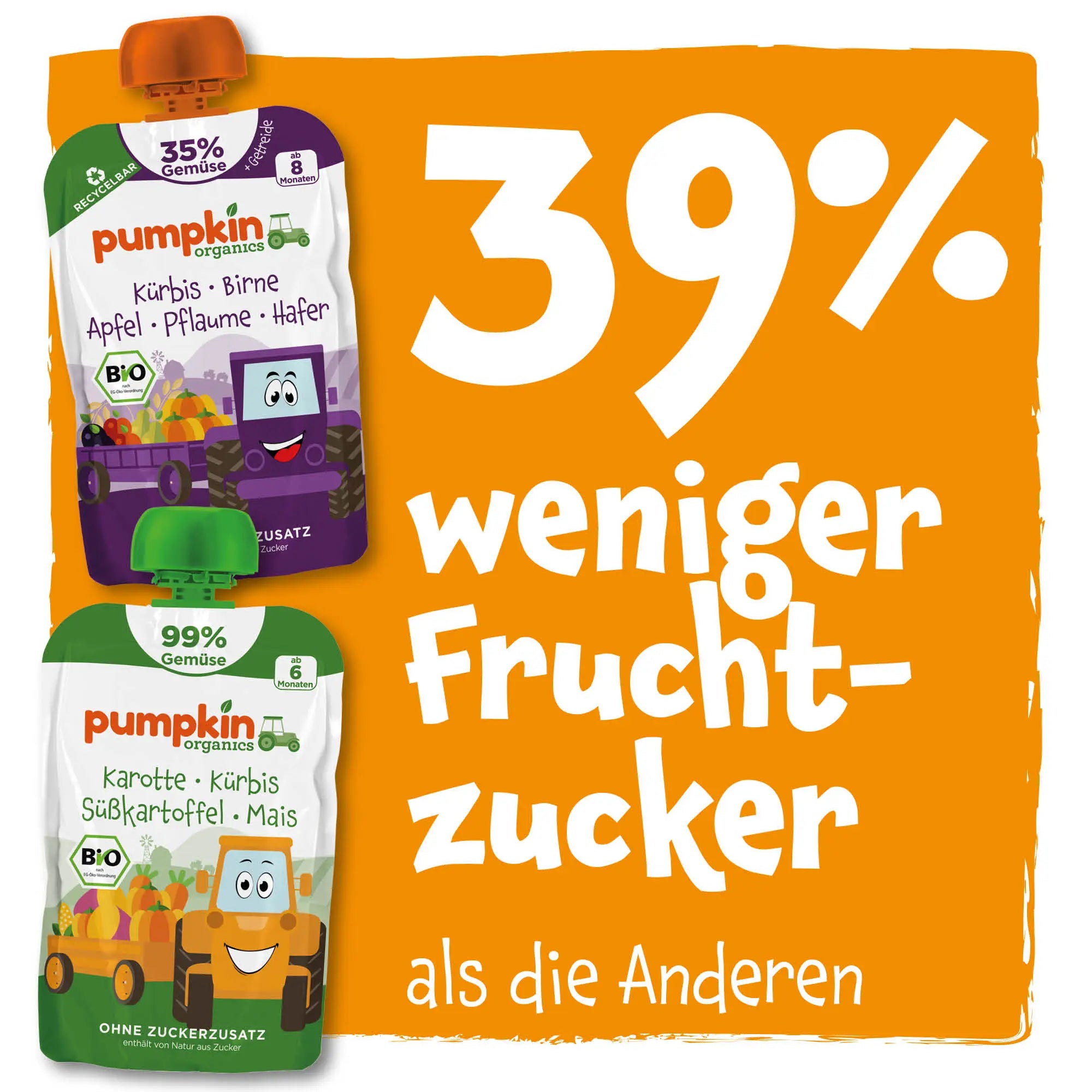 39% weniger Fruchtzucker als die Anderen; Abbildung von zwei Pumpkin Organics Quetschies