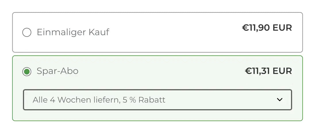 Abbildung der unterschiedlichen Auswahlmöglichkeiten im Pumpkin Organics Online-Shop zwischen einem einmaligen Einkauf und einem Spar-Abo