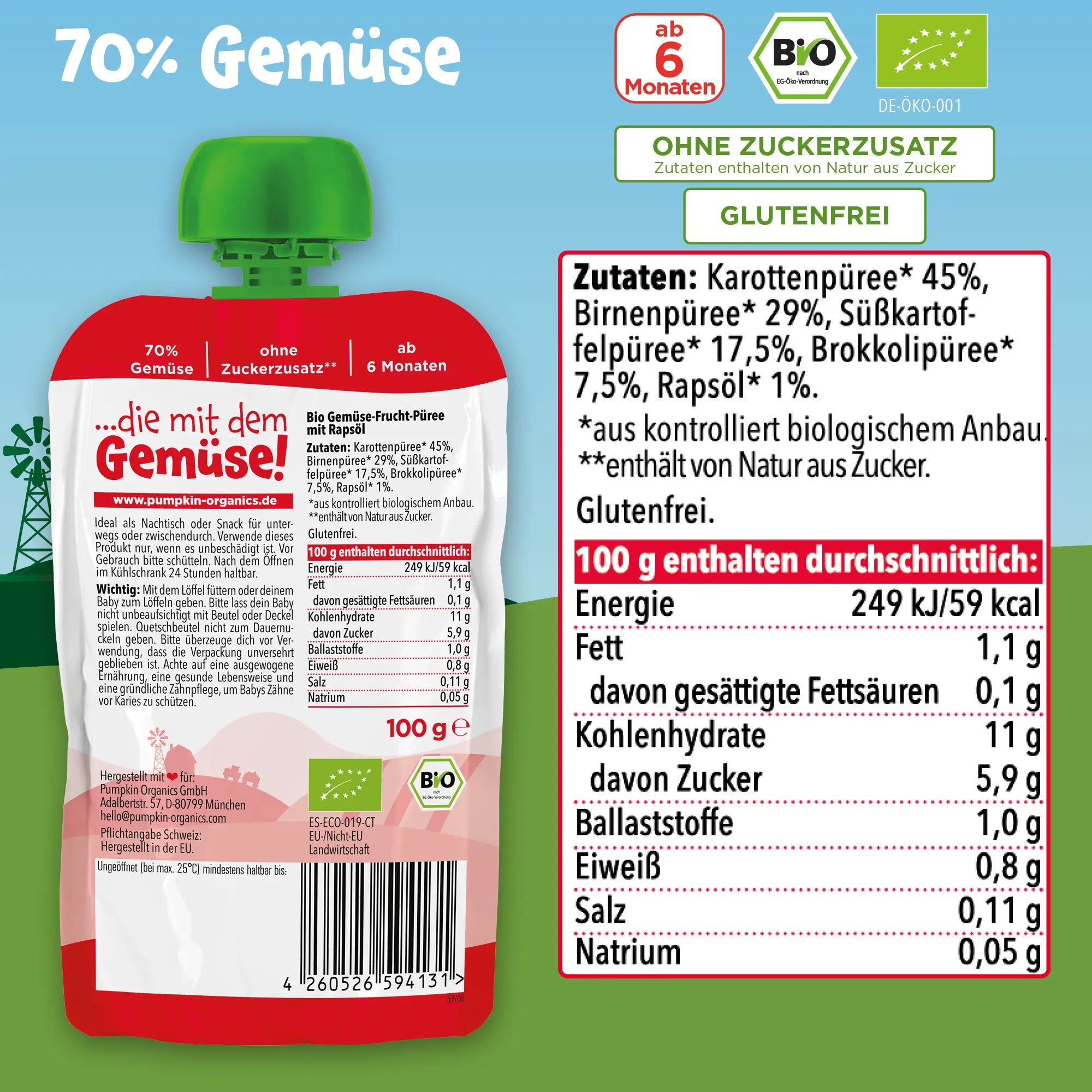 Rückseite Bio Gemüse-Quetschie mit Karotte, Birne, Süßkartoffel, Brokkoli