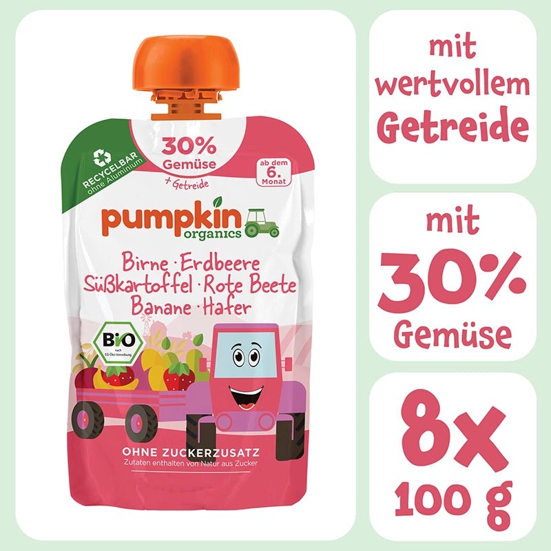 Bio Gemüse - Getreide - Quetschie Birne, Erdbeere, Süßkartoffel, Rote Beete, Banane, Hafer - Pumpkin Organics