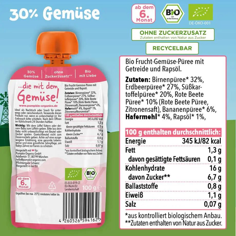 Bio Gemüse - Getreide - Quetschie Birne, Erdbeere, Süßkartoffel, Rote Beete, Banane, Hafer - Pumpkin Organics