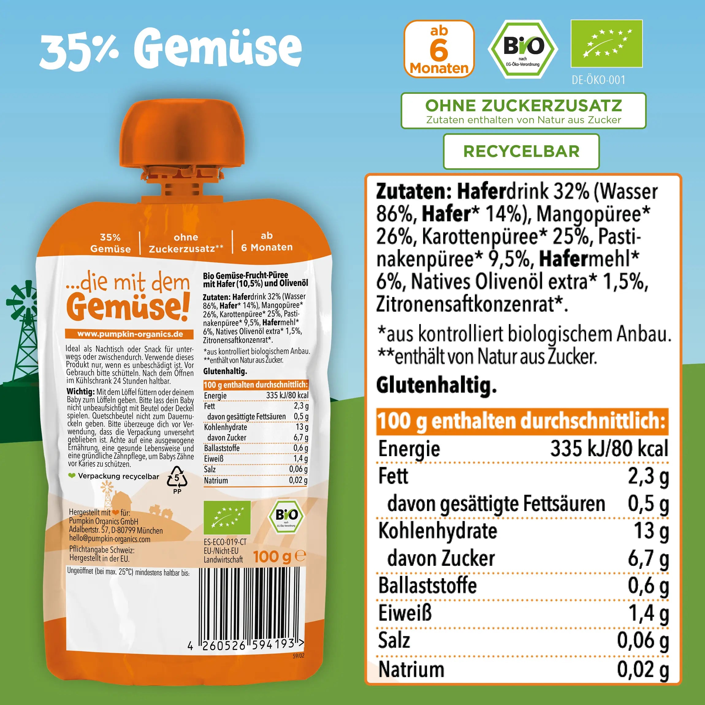 Bio Gemüse - Getreide - Quetschie Mango, Karotte, Pastinake, Hafer - Pumpkin Organics