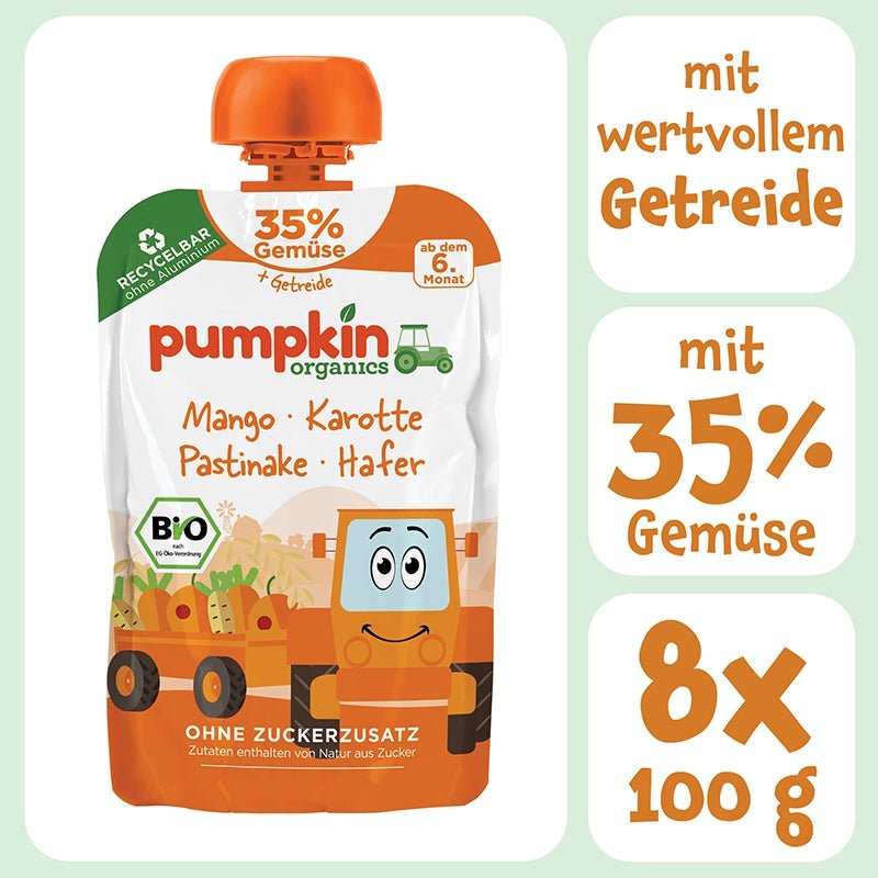 Bio Gemüse - Getreide - Quetschie Mango, Karotte, Pastinake, Hafer - Pumpkin Organics