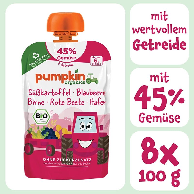 Bio Gemüse - Getreide - Quetschie Süßkartoffel, Blaubeere, Birne, Rote Beete, Hafer - Pumpkin Organics