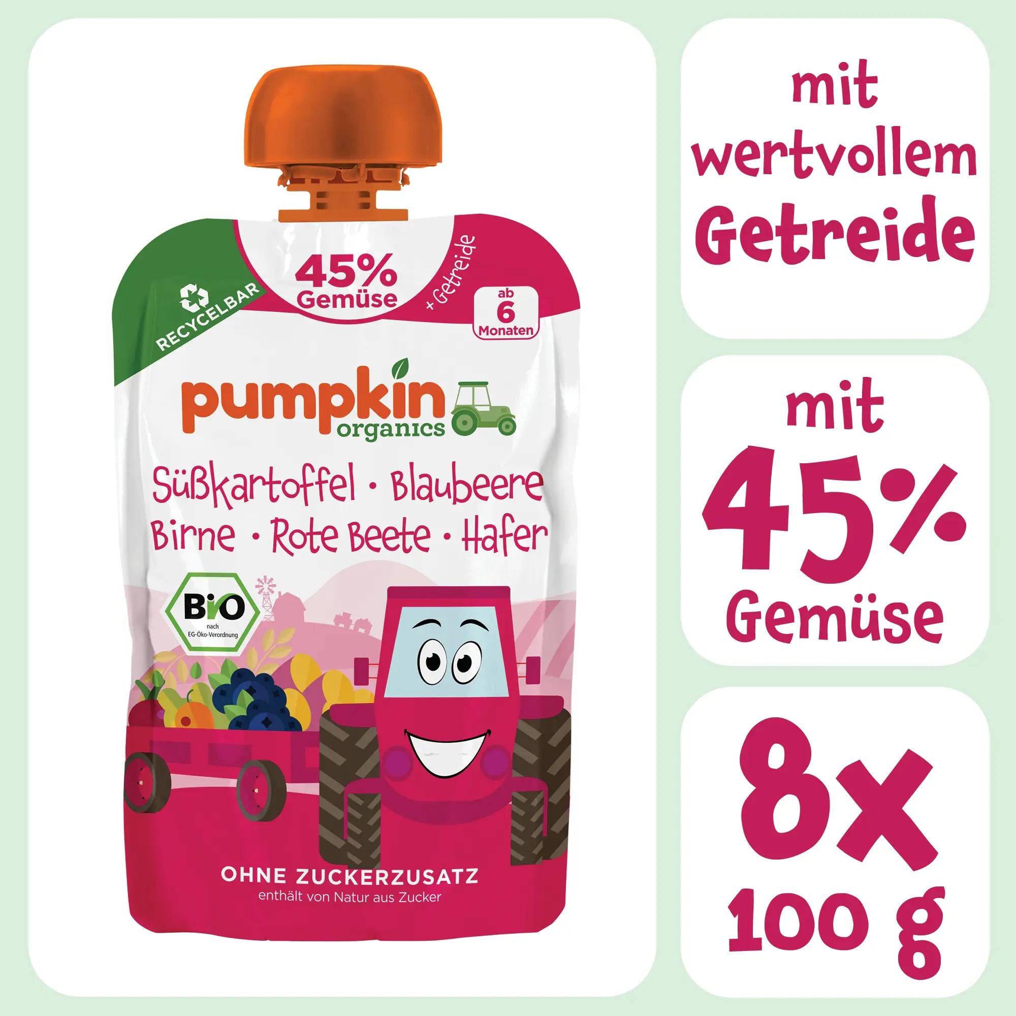 Bio Gemüse - Getreide - Quetschie Süßkartoffel, Blaubeere, Birne, Rote Beete, Hafer - Pumpkin Organics