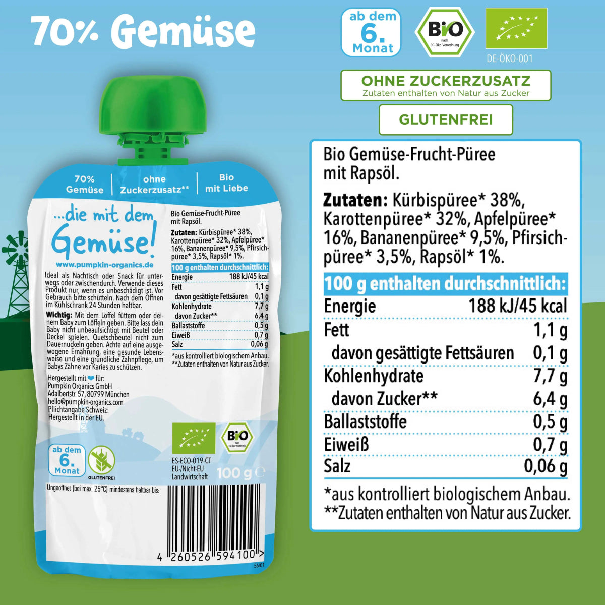 Bio Gemüse - Quetschie Kürbis, Karotte, Apfel, Banane, Pfirsich - Pumpkin Organics