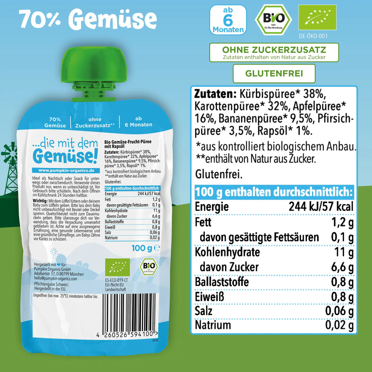 Bio Gemüse - Quetschie Kürbis, Karotte, Apfel, Banane, Pfirsich - Pumpkin Organics