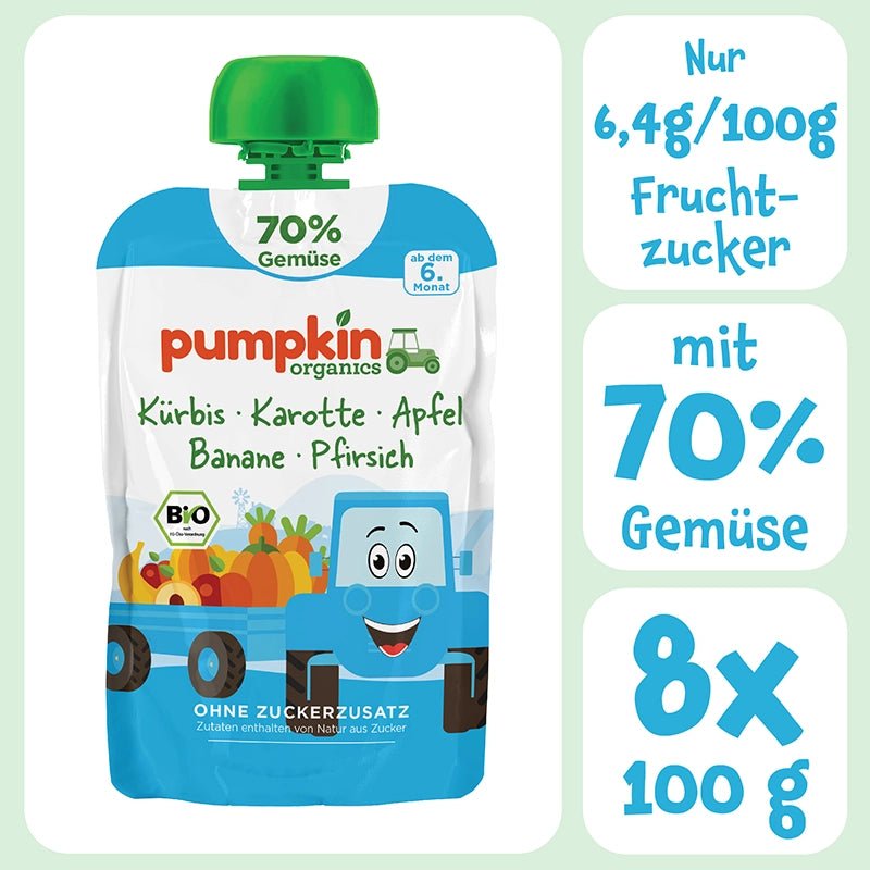 Bio Gemüse - Quetschie Kürbis, Karotte, Apfel, Banane, Pfirsich - Pumpkin Organics