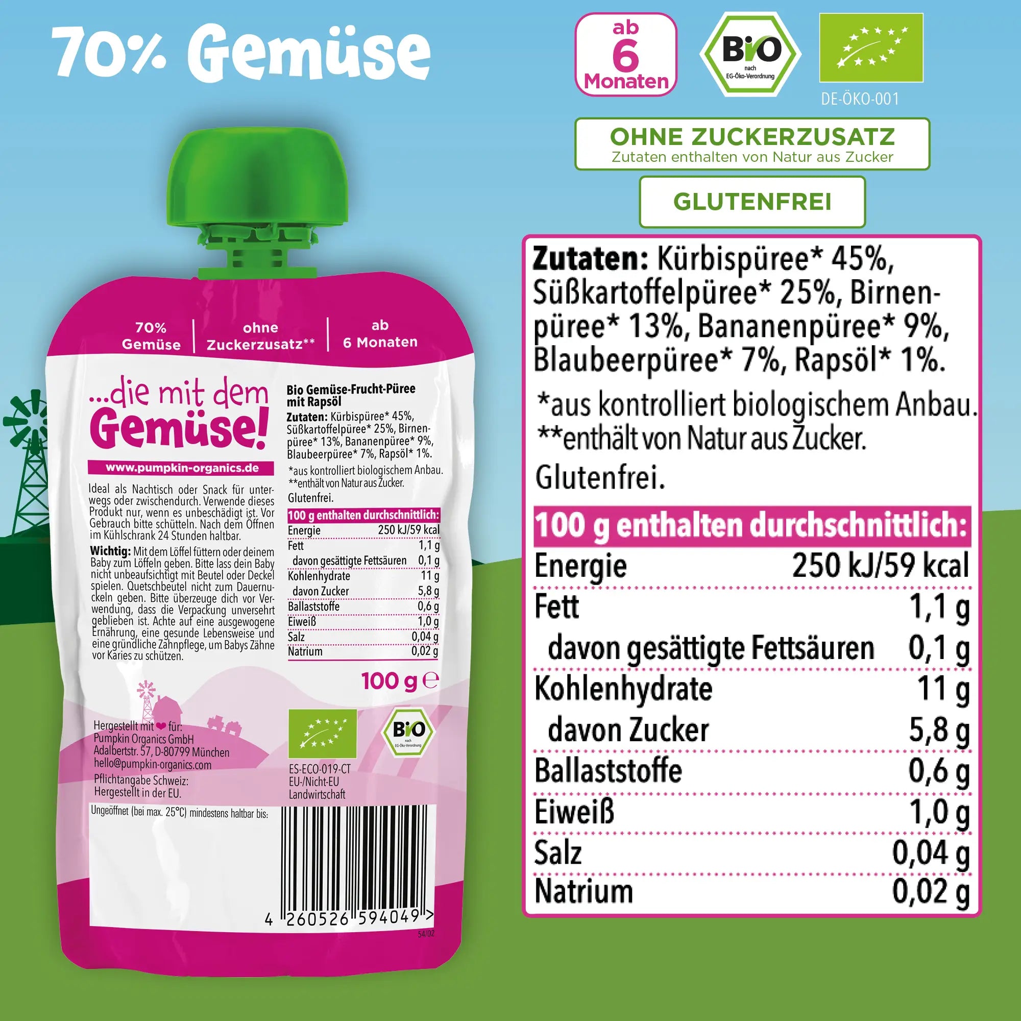 Bio Gemüse - Quetschie Kürbis, Süßkartoffel, Birne, Banane, Blaubeere - Pumpkin Organics