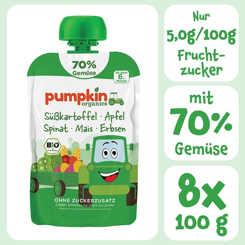 Bio Gemüse - Quetschie Süßkartoffel, Apfel, Spinat, Mais, Erbsen - Pumpkin Organics