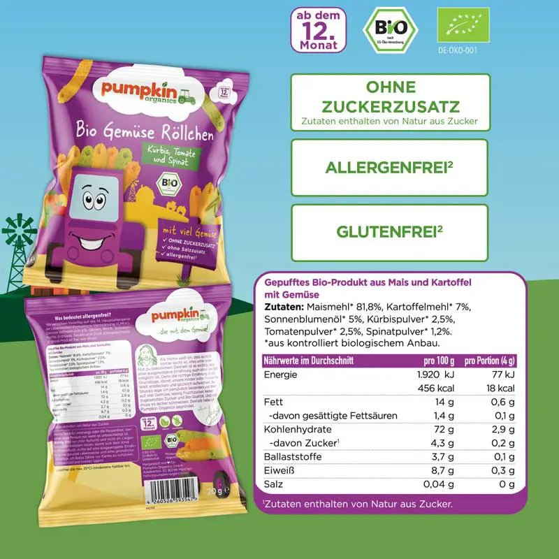 Bio Gemüse Röllchen Kürbis, Tomate und Spinat - Pumpkin Organics