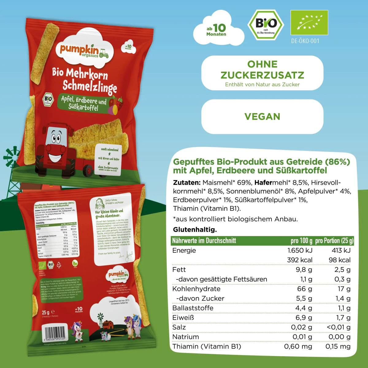 Bio Mehrkorn Schmelzlinge Apfel, Erdbeere und Süßkartoffel - Pumpkin Organics