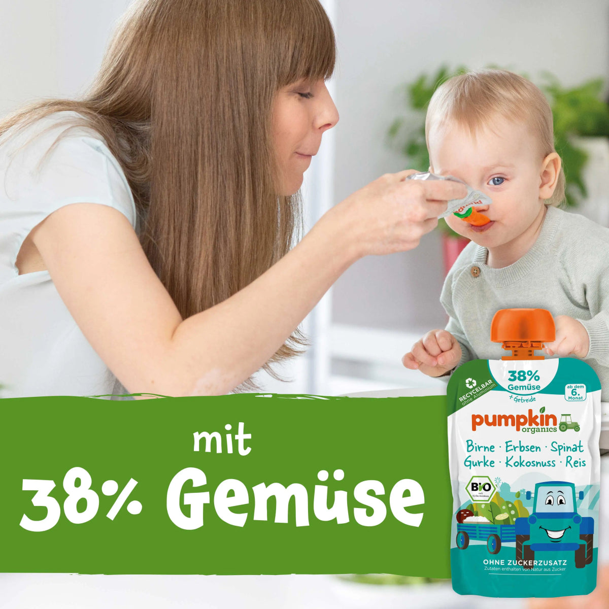 Gratis Bio Gemüse - Getreide - Quetschie Birne, Erbsen, Spinat, Gurke, Kokosnuss, Reis - Pumpkin Organics