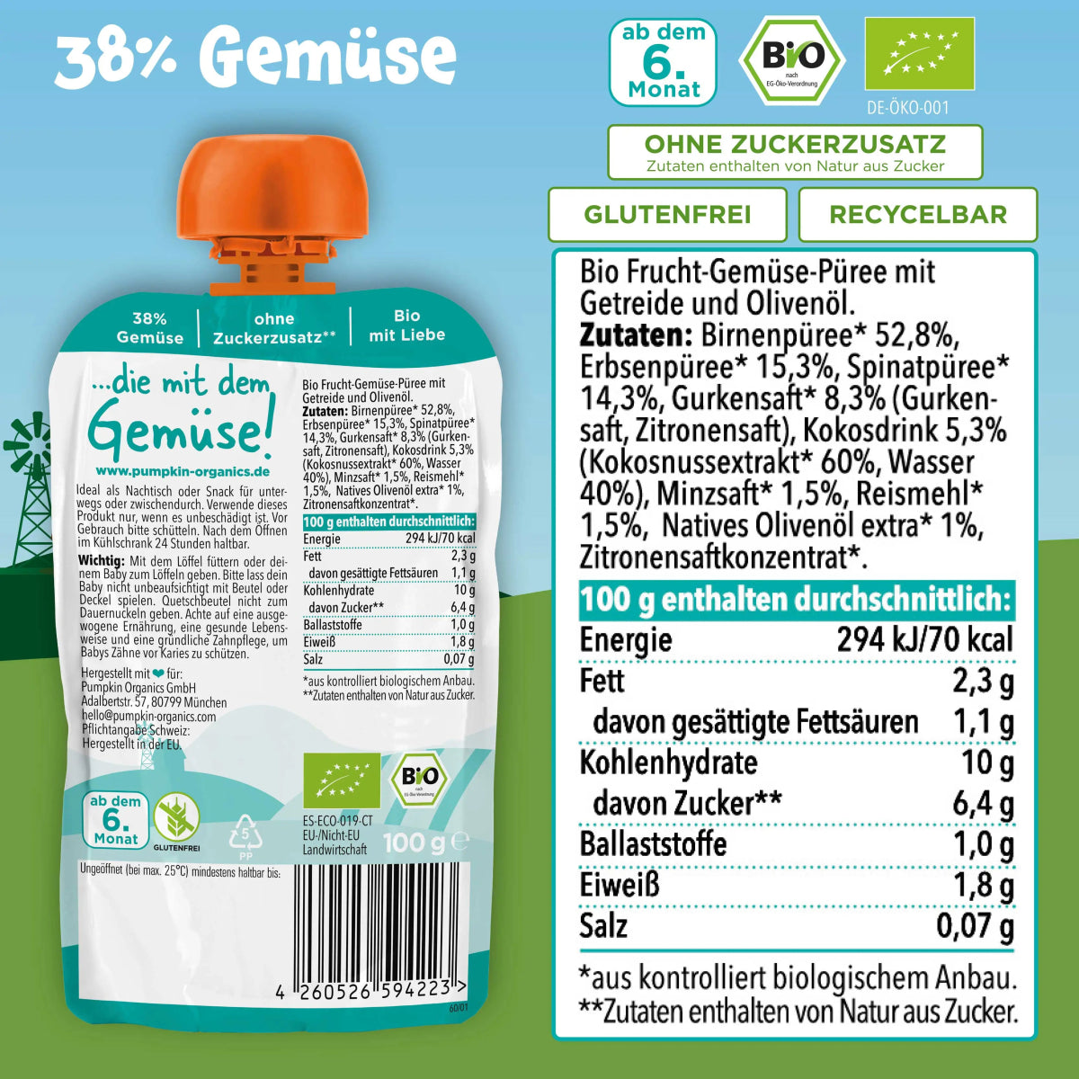 Gratis Bio Gemüse - Getreide - Quetschie Birne, Erbsen, Spinat, Gurke, Kokosnuss, Reis - Pumpkin Organics