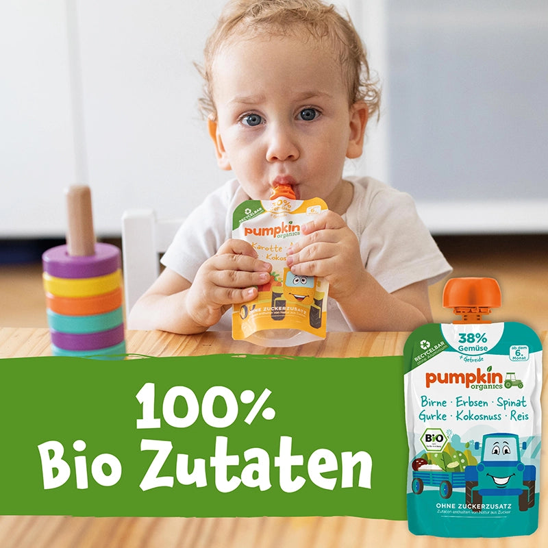 Gratis Bio Gemüse - Getreide - Quetschie Birne, Erbsen, Spinat, Gurke, Kokosnuss, Reis - Pumpkin Organics