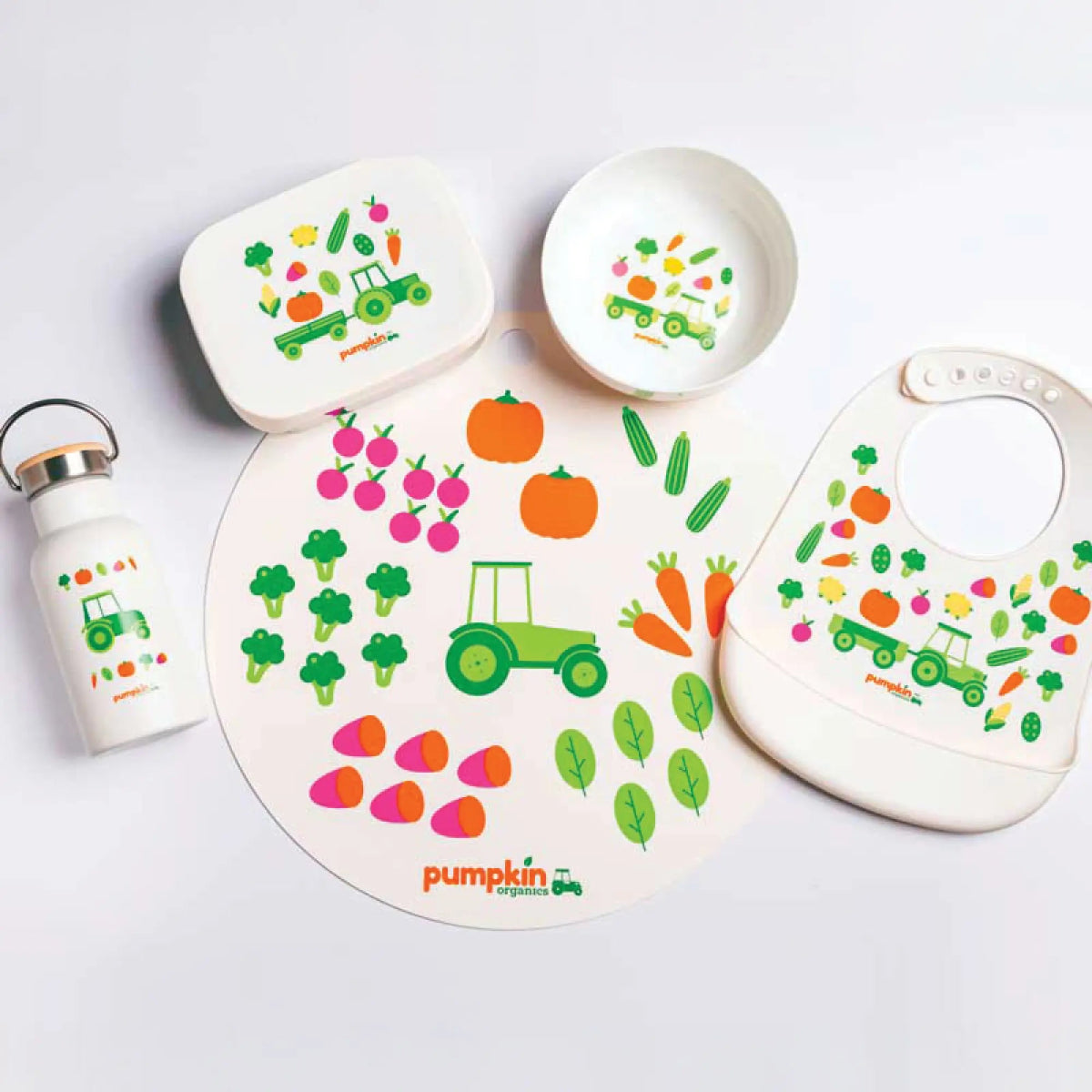 Kindergeschirr - Set aus Trinkflasche, Brotdose, Lätzchen, Schale und Tischset - Pumpkin Organics