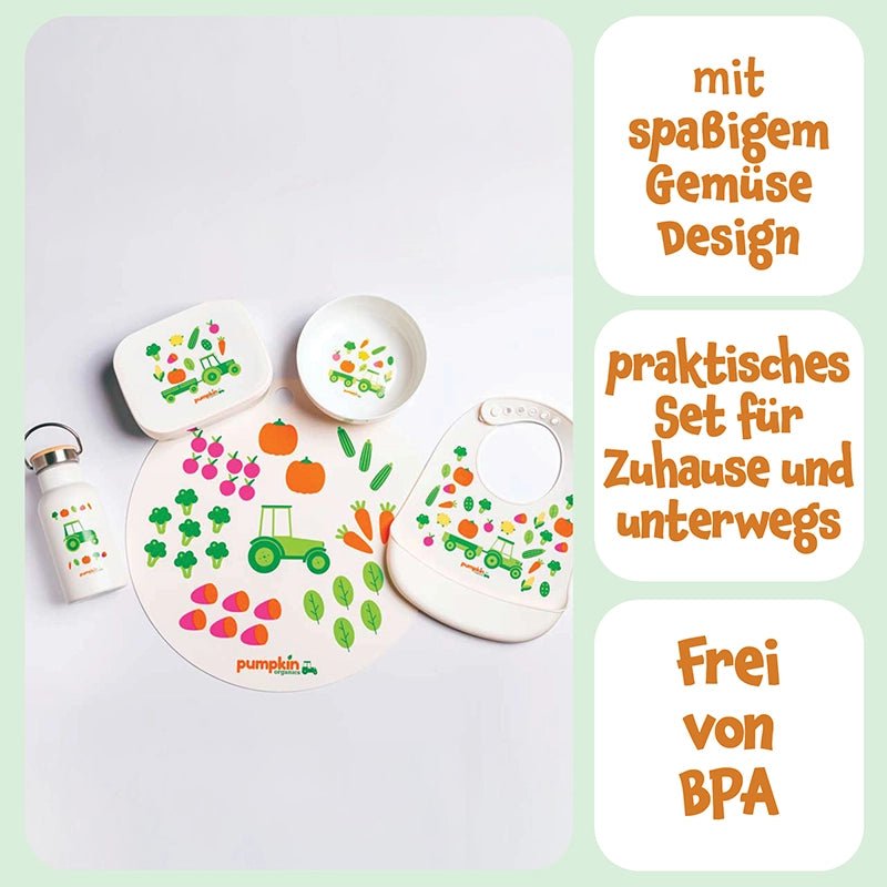 Kindergeschirr - Set aus Trinkflasche, Brotdose, Lätzchen, Schale und Tischset - Pumpkin Organics