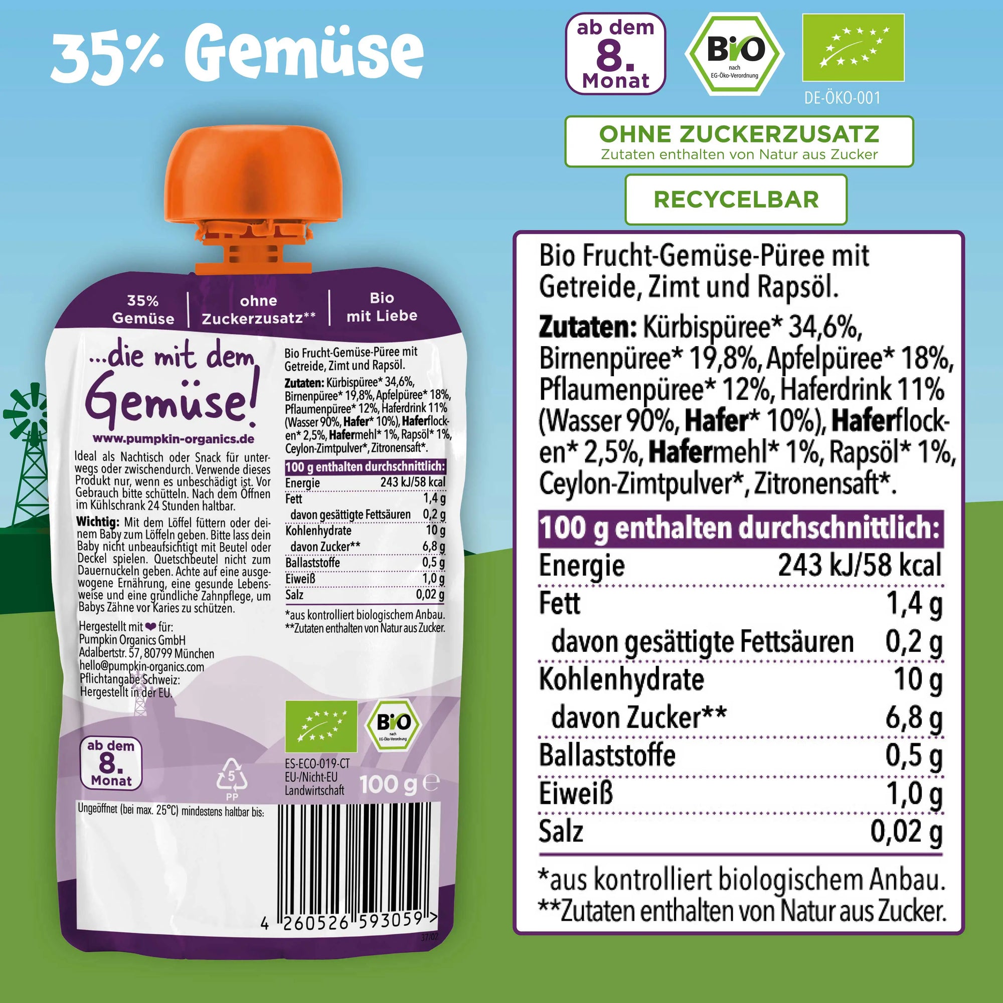 Bio Gemüse-Getreide-Quetschie Kürbis, Birne, Apfel, Pflaume, Hafer (8x)